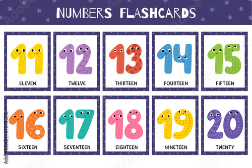 Cute numbers 11-20 flashcards collection. Flash cards for practicing reading skills. Learning numbers for preschool. One, two, three and more. Vector illustration