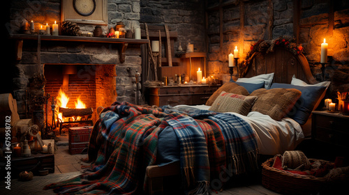 Holiday Retreat: Cozy Bedroom with Christmas-Themed Quilt and Fireplace-Adorned Stockings for a Festive Escape. Generative AI.