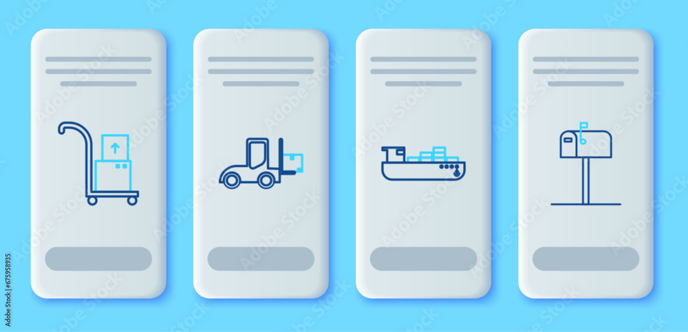 Set line Forklift truck, Cargo ship with boxes delivery service, Hand and and Open mail icon. Vector Set line Forklift truck, Cargo ship with boxes delivery service, Hand and and Open mail icon. Vector