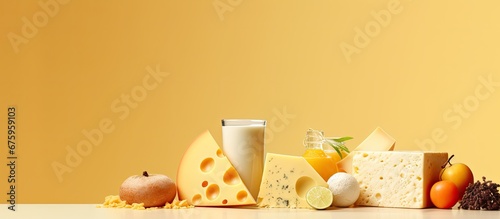 The background of a healthy diet includes a variety of food groups such as milk cheese and orange which are sourced from agriculture and valued for their natural and organic qualities provi photo