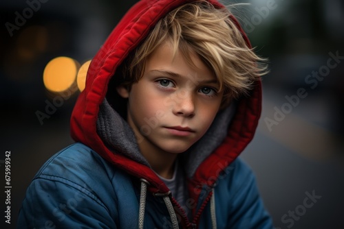 Portrait of a boy in a blue jacket on the street.