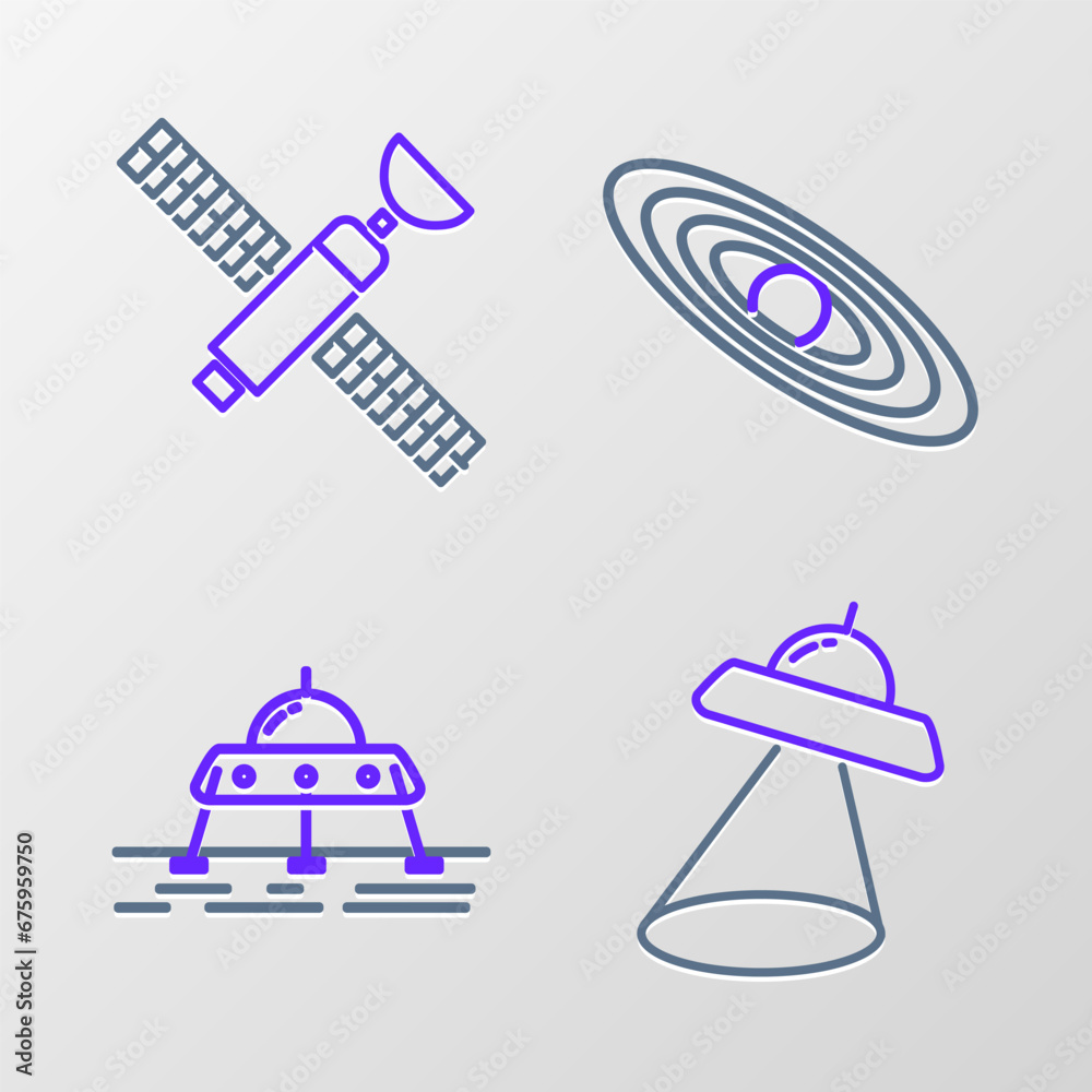 Fototapeta premium Set line UFO flying spaceship, Mars rover, Planet and Satellite icon. Vector