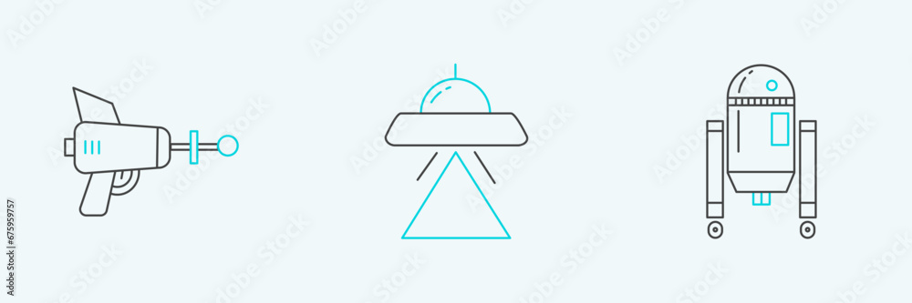 Set line Robot, Ray gun and UFO flying spaceship icon. Vector