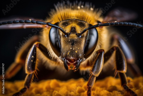 Close up macro shot of a bee, wasp on pollen, black background, Generative Ai (ID: 675959747)