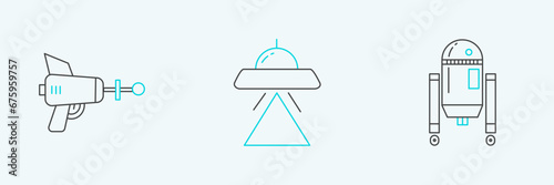 Set line Robot, Ray gun and UFO flying spaceship icon. Vector