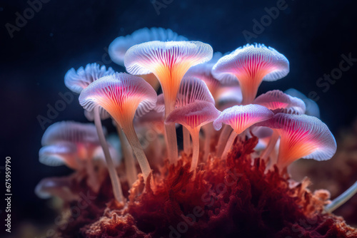 Translucent holographic close-up macro shot of forest mushrooms, shrooms, psychedelic, Generative Ai	 (ID: 675959790)