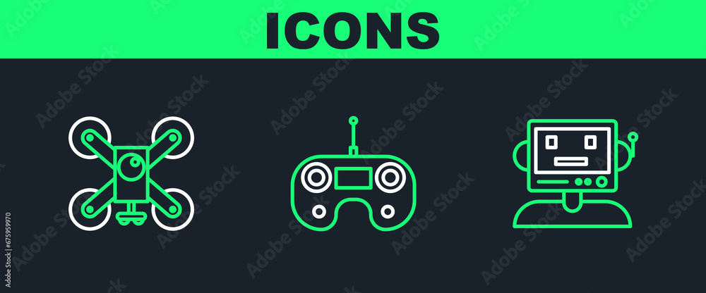 Set line Robot, Drone flying with action camera and Remote control icon. Vector Set line Robot, Drone flying with action camera and Remote control icon. Vector