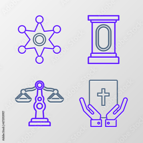 Set line Oath on the Holy Bible, Scales of justice, Stage stand or debate podium rostrum and Hexagram sheriff icon. Vector