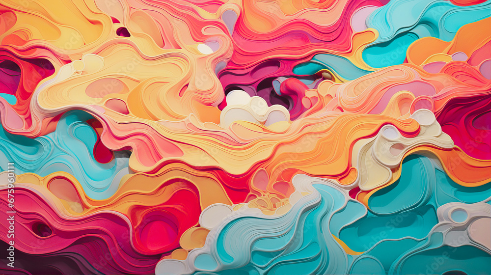 Bright abstract composition of colored waves and strokes of acrylic paint