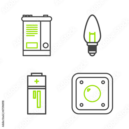 Set line Electric light switch, Battery, Light bulb and Car battery icon. Vector