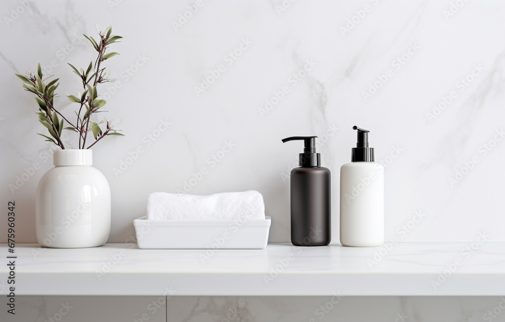 Soap, shampoo bottles on white marble sink shelf in light bathroom