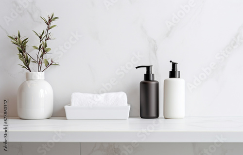 Soap  shampoo bottles on white marble sink shelf in light bathroom
