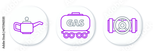 Set line Industry metallic pipes and valve, Canister for motor machine oil and Gas railway cistern icon. Vector