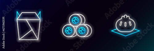 Set line Khinkali on cutting board, Rstaurant opened take out box filled and Sushi icon. Glowing neon. Vector