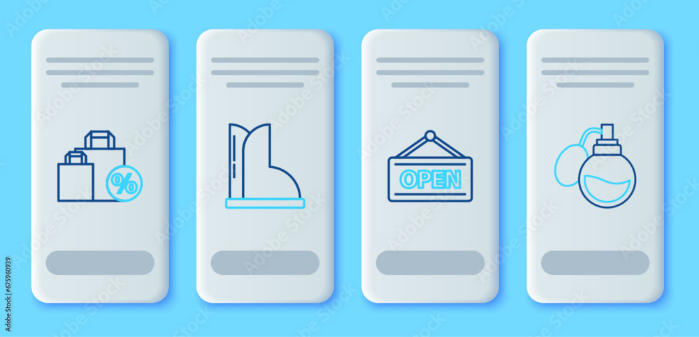 Set line Waterproof rubber boot, Hanging sign with Open, Shoping bag discount and Perfume icon. Vector Set line Waterproof rubber boot, Hanging sign with Open, Shoping bag discount and Perfume icon. Vector