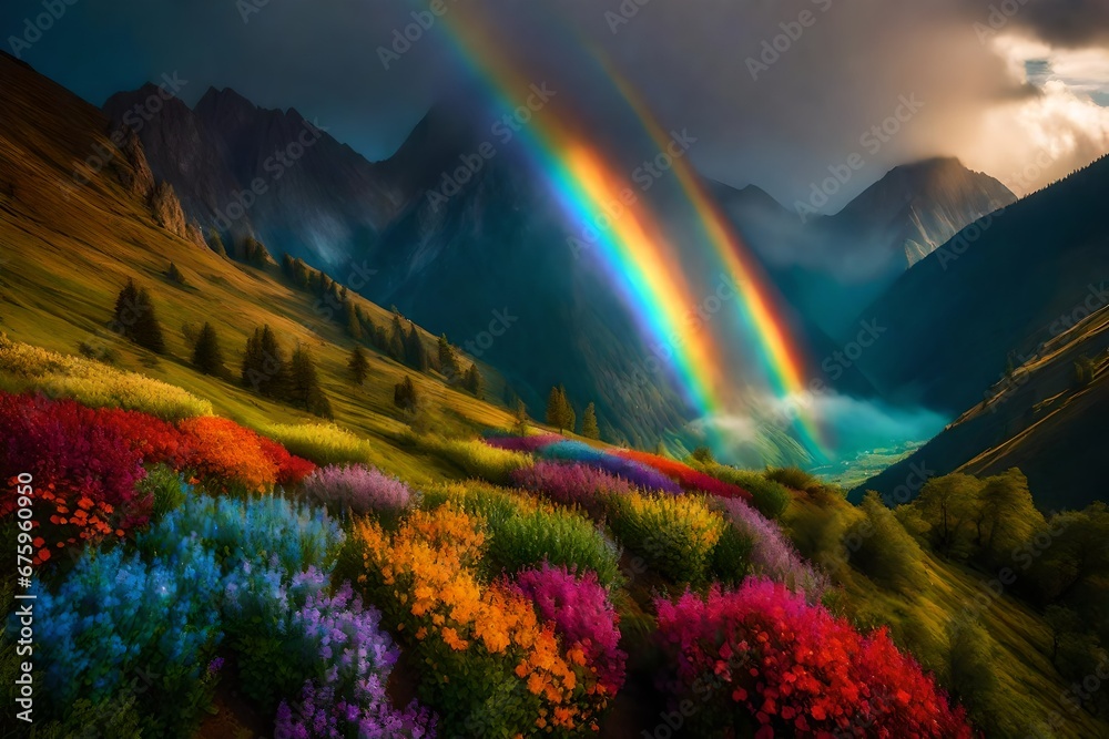 Obraz premium nature, Rainbow landscape, mountain, colorful, fantasy Spa retreat within the villa, complete with a sauna, steam room, rooms, and a relaxation lounge