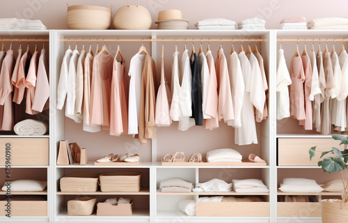 white, beige and pink clothes lay on shelves and hang on wooden hangers in a large white wooden closet