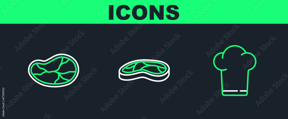 Set line Chef hat, Steak meat and icon. Vector Set line Chef hat, Steak meat and icon. Vector