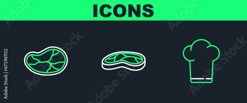 Set line Chef hat, Steak meat and icon. Vector