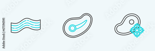 Set line Fresh frozen steak meat, Bacon stripe and Steak icon. Vector