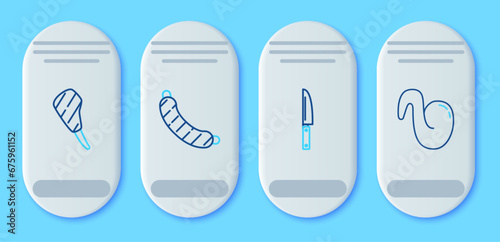Set line Sausage  Knife  Rib eye steak and Fried chicken wing icon. Vector