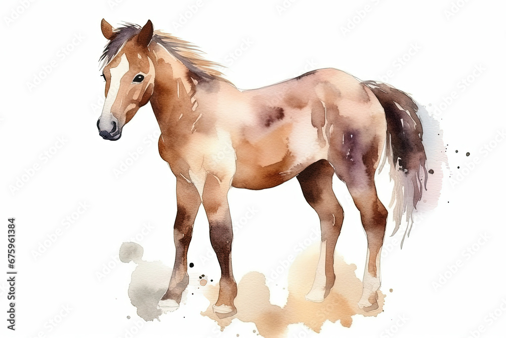 Obraz premium watercolor painting illustration of young beautiful horse isolated on a white background , generative AI