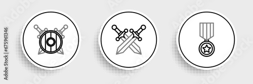 Set line Military reward medal, Wooden shield with crossed swords and Crossed medieval icon. Vector