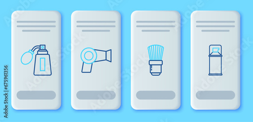 Set line Hair dryer, Shaving brush, Aftershave bottle with atomizer and gel foam icon. Vector