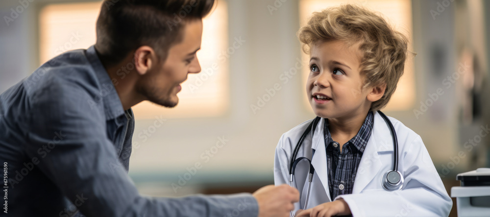 Obraz premium Aspiring Young Physician: Curly-Haired Boy in White Coat and Stethoscope
