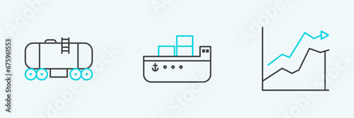 Set line Oil price increase, railway cistern and tanker ship icon. Vector