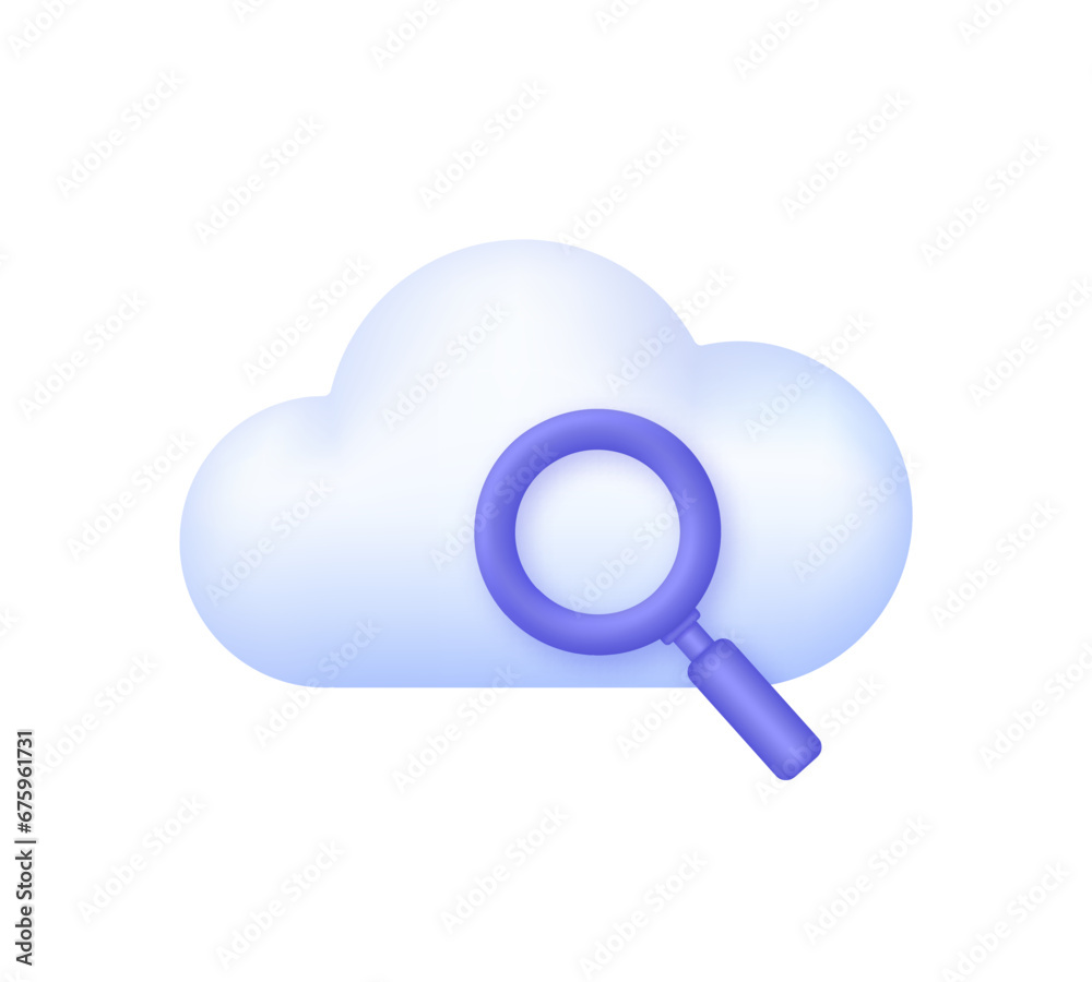 3D Cloud search icon. Cloud with magnifying glass. The concept of cloud online data storage technology. Internet Archive 3D Cloud search icon. Cloud with magnifying glass. The concept of cloud online data storage technology. Internet Archive