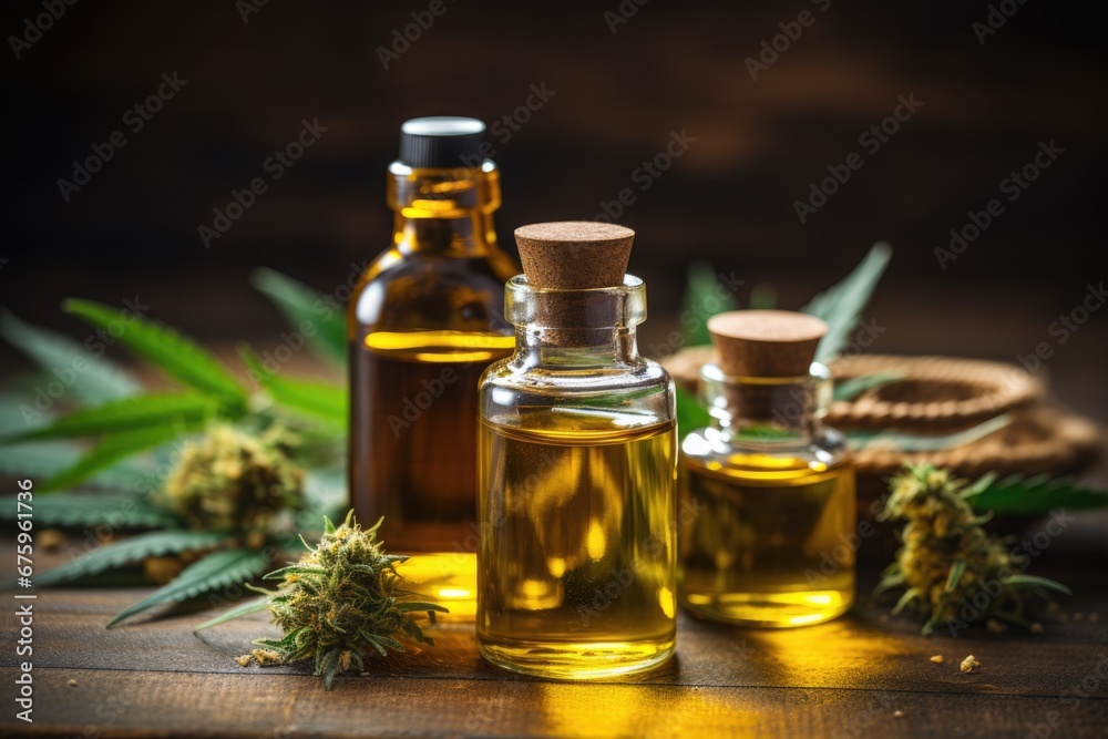 bottles with cbd oils and green plant bottles with cbd oils and green plant
