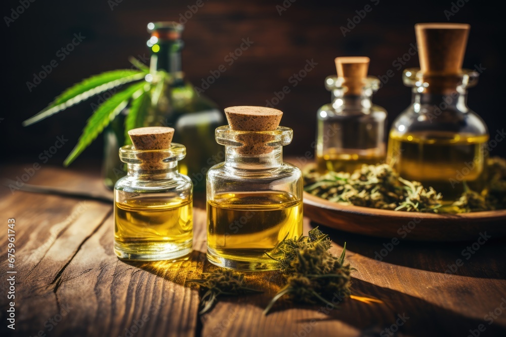 bottles with cbd oils and green plant bottles with cbd oils and green plant