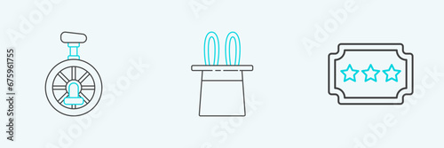Set line Ticket, Unicycle or one wheel bicycle and Magician hat and rabbit ears icon. Vector