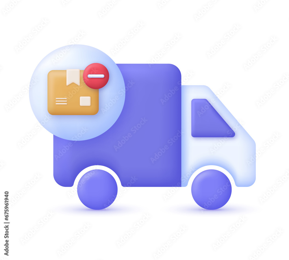 3D Truck with delivery box and minus sign. Remove concept. Express delivery, shipping, truck icon, quick move. 3D Truck with delivery box and minus sign. Remove concept. Express delivery, shipping, truck icon, quick move.