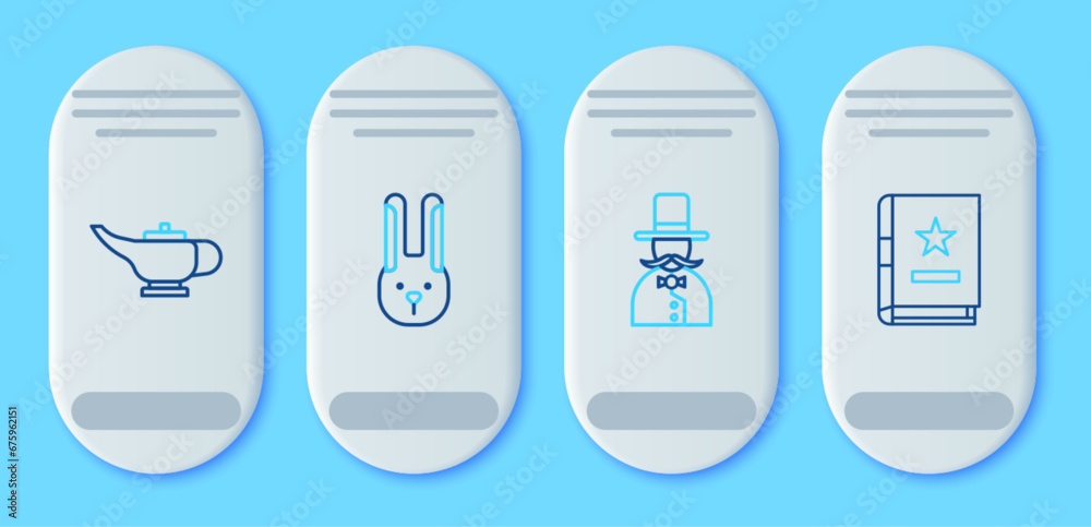 Set line Rabbit with ears, Magician, lamp or Aladdin and Ancient magic book icon. Vector Set line Rabbit with ears, Magician, lamp or Aladdin and Ancient magic book icon. Vector