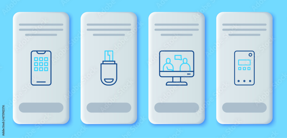 Set line USB flash drive, Online education, Mobile phone and icon. Vector