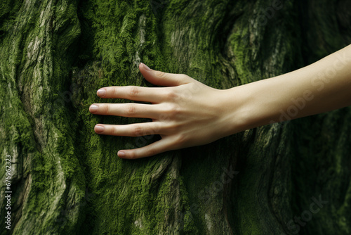 Close up detail of a woman’s hand touches rough tree trunk covered by green moss in the deep of the forest. Touch and feel nature. Generative AI.