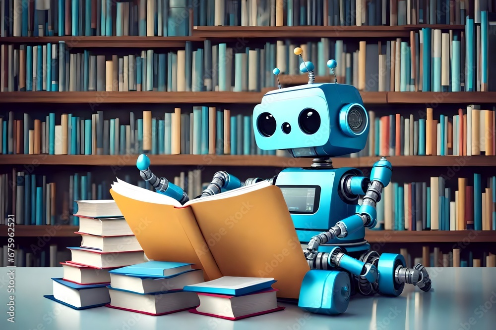 Cute robot reading a book in the library, cartoon style, artificial intelligence learning, android kid Cute robot reading a book in the library, cartoon style, artificial intelligence learning, android kid