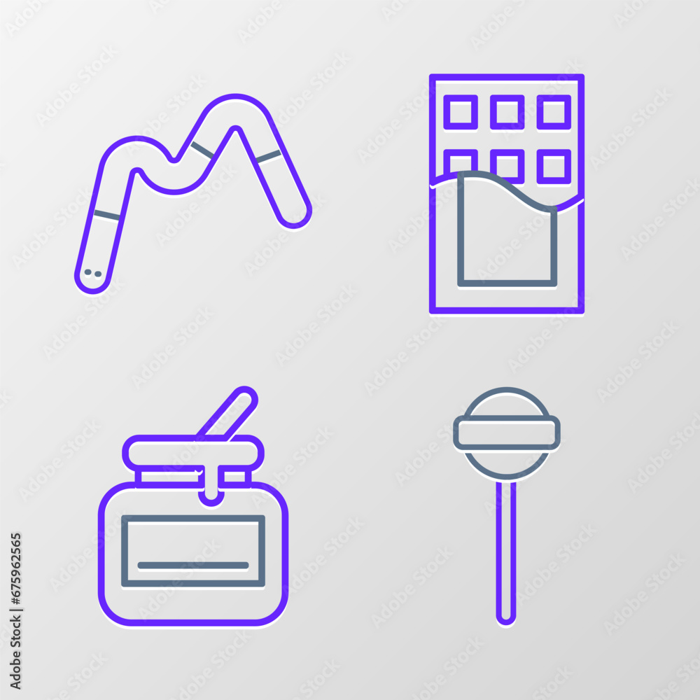 Set line Lollipop, Jar of honey, Chocolate bar and Jelly worms candy icon. Vector Set line Lollipop, Jar of honey, Chocolate bar and Jelly worms candy icon. Vector