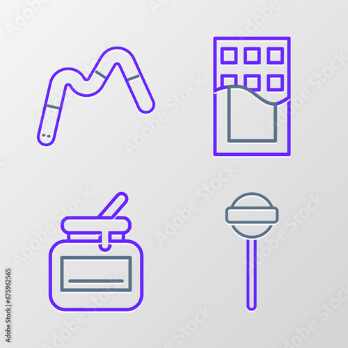 Set line Lollipop, Jar of honey, Chocolate bar and Jelly worms candy icon. Vector