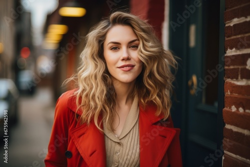 Portrait of a beautiful young blonde woman in a red coat on the street