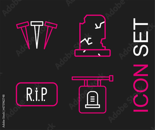 Set line Signboard tombstone, Speech bubble rip death, Old grave with and Metallic nails icon. Vector