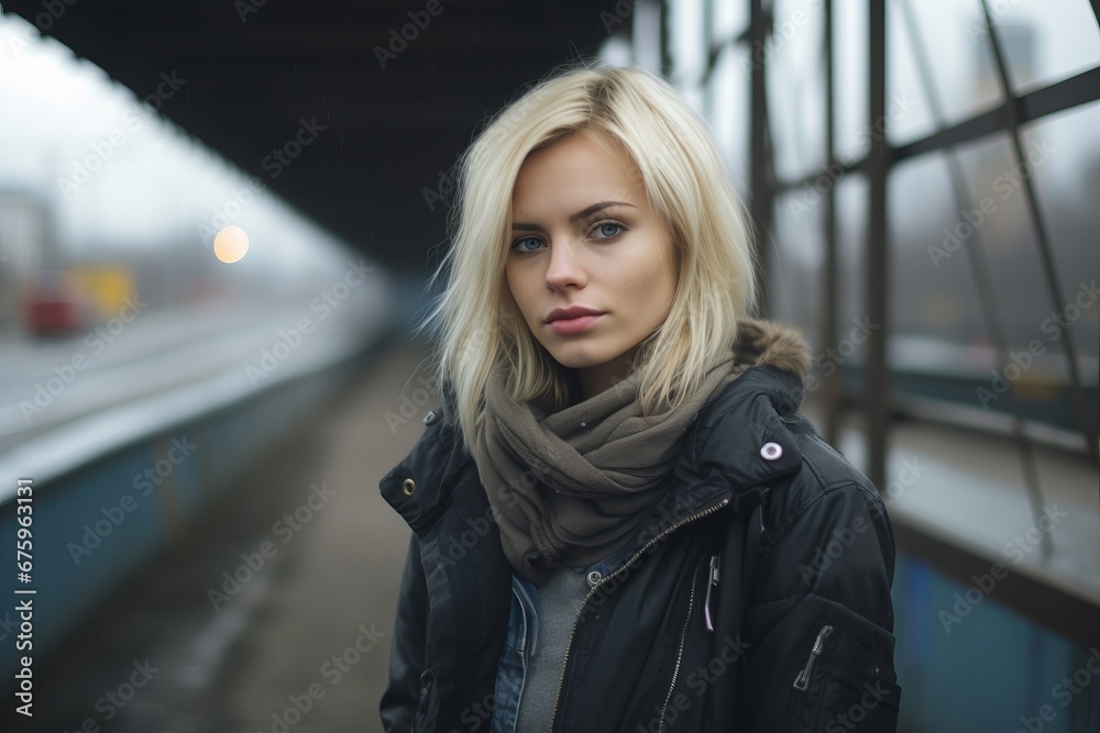 Portrait of a beautiful young woman with long blond hair in a black jacket and scarf on a city street. Portrait of a beautiful young woman with long blond hair in a black jacket and scarf on a city street.