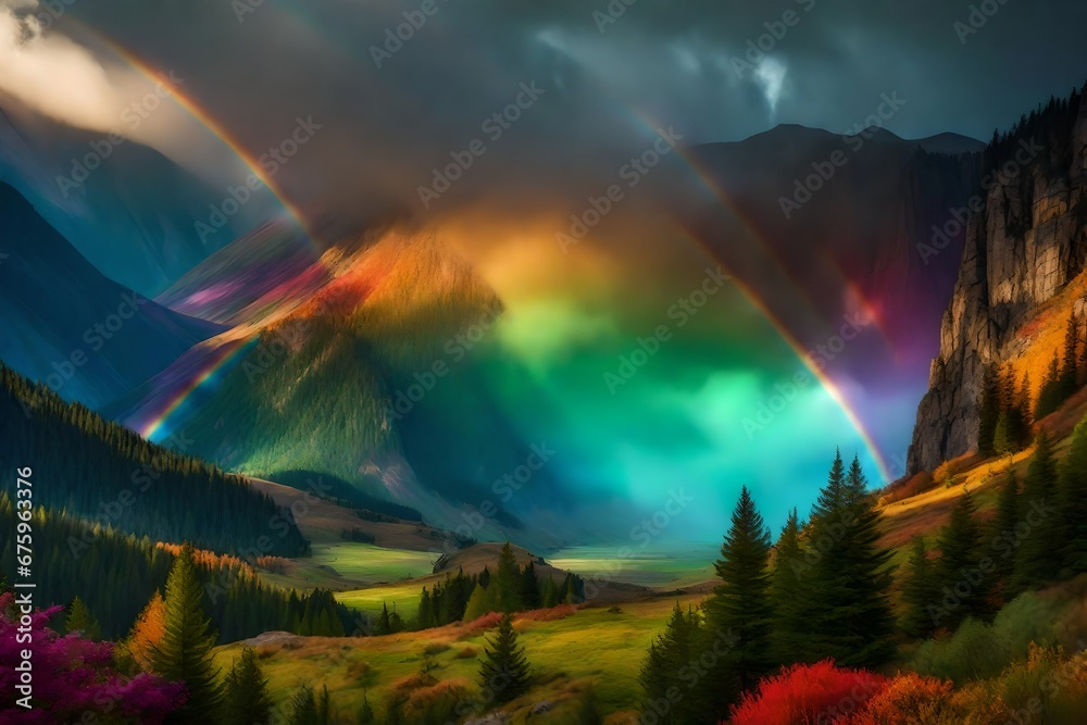 nature, Rainbow landscape, mountain, colorful, fantasy Spa retreat within the villa, complete with a sauna, steam room,  rooms, and a relaxation lounge