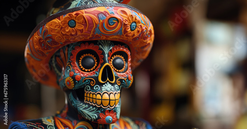 Mexican folk art  a Day of the Dead Calavera skeleton figure. Generative Ai.