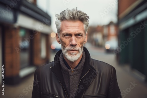 Handsome middle-aged man with grey hair and beard wearing black leather jacket on a city street.