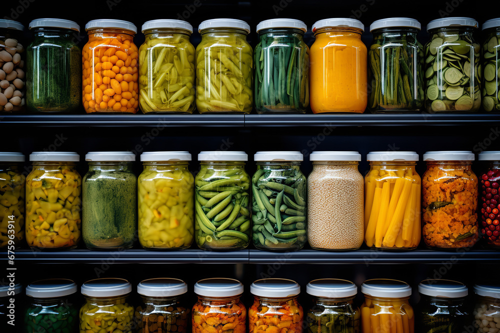 A long row of canned vegetables, from green beans to carrots, lines the shelves in a well-stocked grocery store. A long row of canned vegetables, from green beans to carrots, lines the shelves in a well-stocked grocery store.