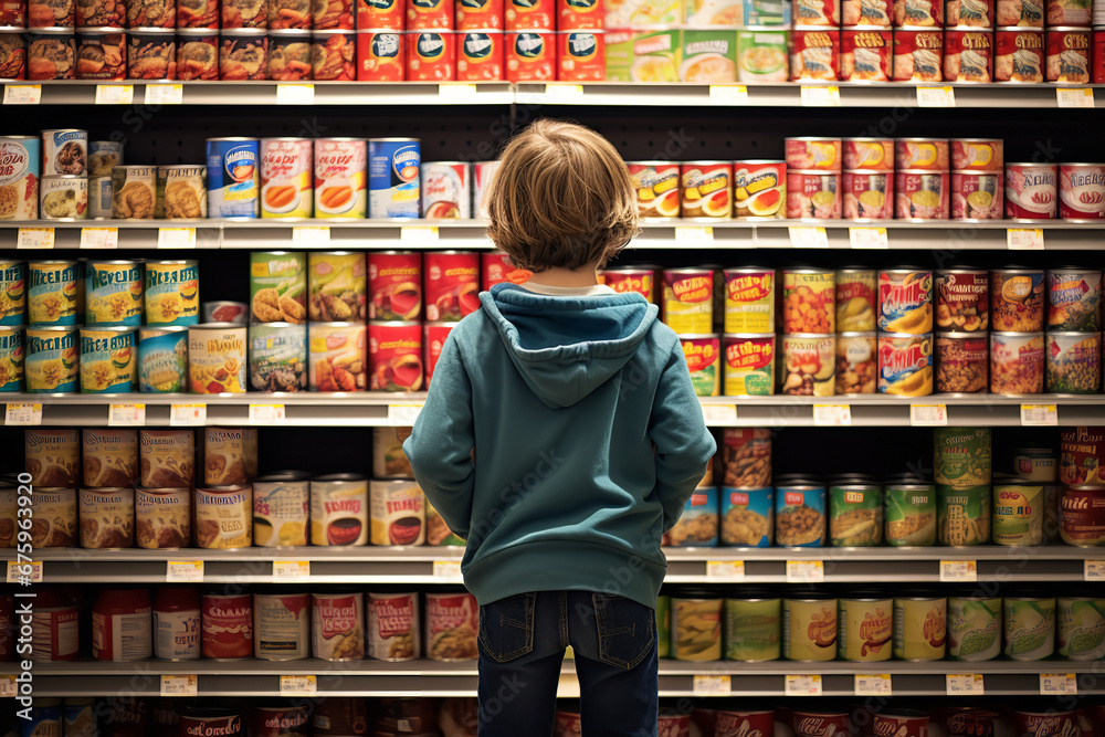 A child is seen looking at labels on canned food items in a grocery store, learning about nutritional information.