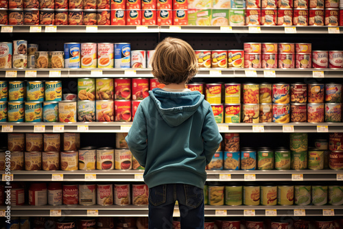 A child is seen looking at labels on canned food items in a grocery store, learning about nutritional information. © Davivd